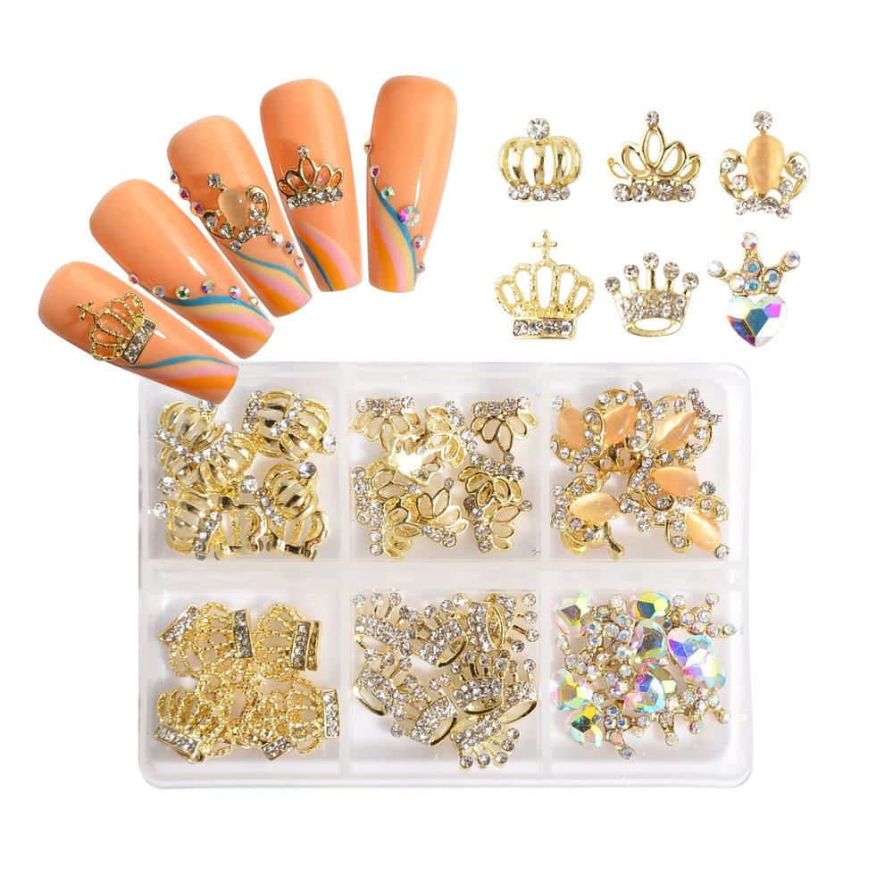 MEILINDS 60PCS Luxury Crown Nail Charms 3D Alloy Crown Gold Nail Charms Gold Champion Nail Rhinestones Diamond Metal Nail Jewels Studs Crystals for Acrylic Nails with Box, 6 Styles