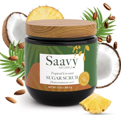 Body Scrub Tropical Coconut Saavy Naturals, Scented Sugar Scrub Exfoliator, Vegan Natural Body Scrub with Vitamin E, Luxe Coconut Scrub Gift Set, 12 Oz 1 Pack - Made in the USA