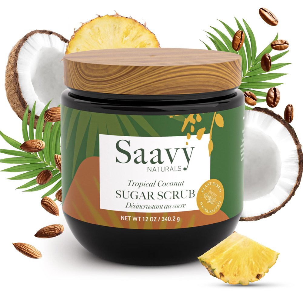 Body Scrub Tropical Coconut Saavy Naturals, Scented Sugar Scrub Exfoliator, Vegan Natural Body Scrub with Vitamin E, Luxe Coconut Scrub Gift Set, 12 Oz 1 Pack - Made in the USA