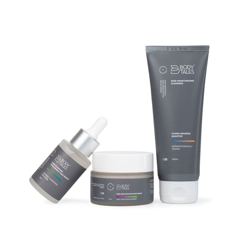 BODYTALES Hydrating & Glowing Skin Care Combo (Skin Plumping Hyaluronic Face Serum 30ml, Skin Moisturizing Cleanser 100ml & Skin-Rejuvenating Moisturizer 50gm), Set of 3