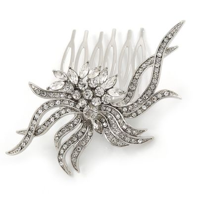 Bridal/Wedding/Prom/Party Rhodium Plated Clear Austrian Crystal, CZ Asymmetrical Leaf Hair Comb - 65mm