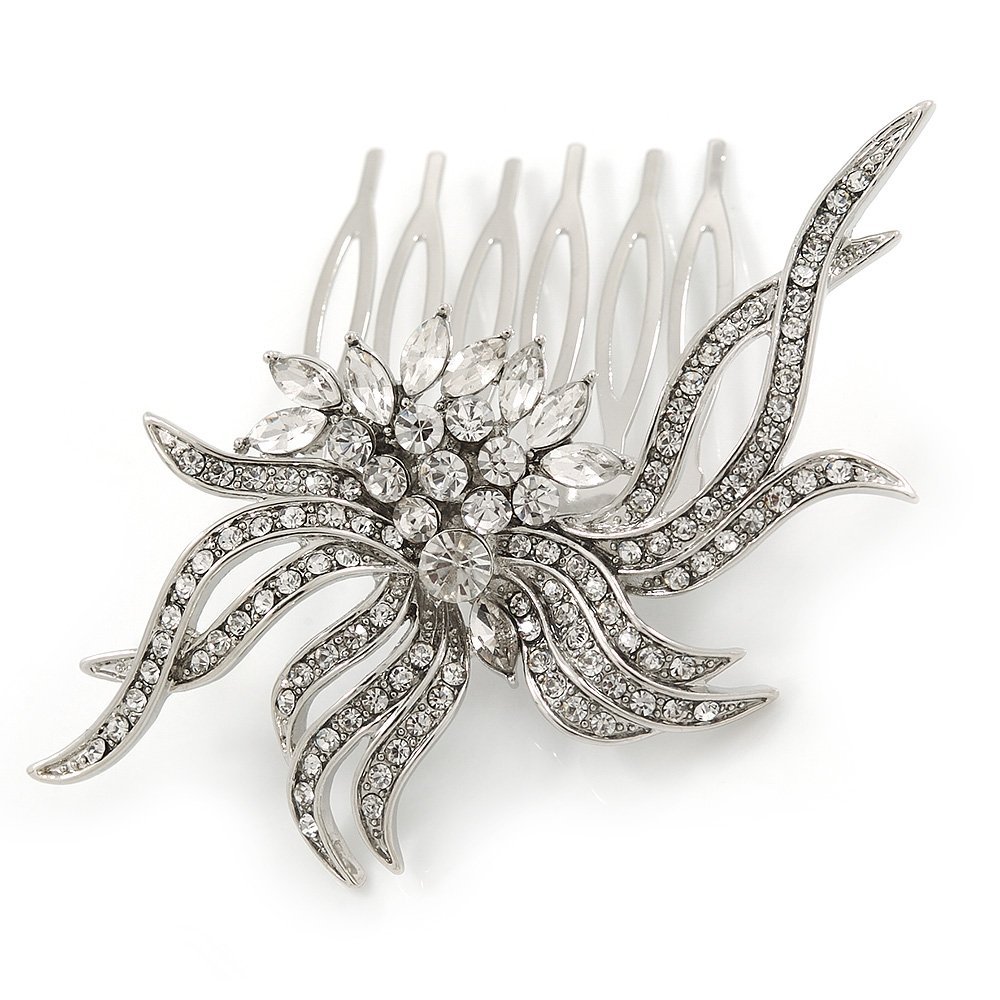 Bridal/Wedding/Prom/Party Rhodium Plated Clear Austrian Crystal, CZ Asymmetrical Leaf Hair Comb - 65mm