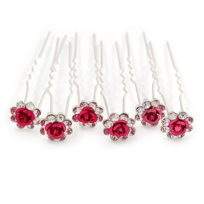Bridal/Wedding/Prom/Party Set Of 6 Clear Austrian Crystal Fuchsia Rose Flower Hair Pins In Silver Tone