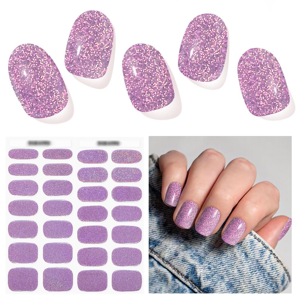 DUKASOU Semi Cured Gel Nail Strips, Purple Sparkle | 28 pcs Gel Nail Strips Work with Any UV Lamp, Salon Quality UV Nails Stickers, Easy to Apply for Home Nails DIY