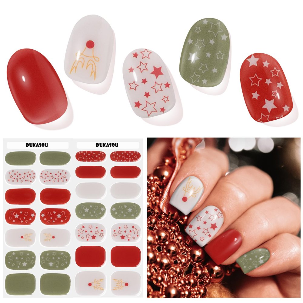 DUKASOU Christmas Semi Cured Gel Nail Strips, 28 PCS Solid Color Gel Nail Strips Works with UV Light, Salon Quality Nails Stickers Full Nails Wraps