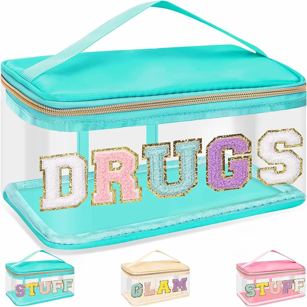 Chenille Letter Clear Makeup Bags Drugs Pouch, Preppy Patch Makeup Bag Zipper with Handle, Transparent PVC & Nylon Waterproof Glitter Cosmetic Handbag Travel Toiletry Storage for Women (DRUGS-Green)
