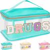 Chenille Letter Clear Makeup Bags Drugs Pouch, Preppy Patch Makeup Bag Zipper with Handle, Transparent PVC & Nylon Waterproof Glitter Cosmetic Handbag Travel Toiletry Storage for Women (DRUGS-Green) view 1