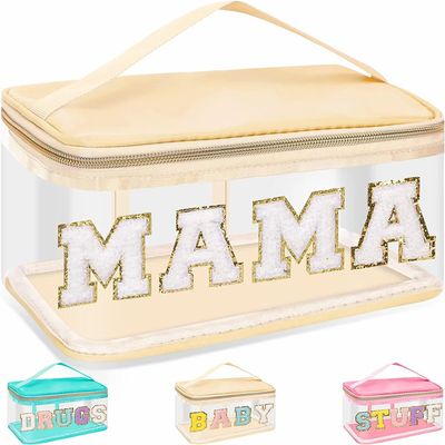 Chenille Letter Clear Makeup Bags Mama Pouch, Preppy Patch Makeup Bag Zipper with Handle, Transparent PVC & Nylon Waterproof Glitter Cosmetic Handbag Travel Toiletry Storage for Women Girl(MAMA-Beige)