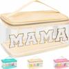 Chenille Letter Clear Makeup Bags Mama Pouch, Preppy Patch Makeup Bag Zipper with Handle, Transparent PVC & Nylon Waterproof Glitter Cosmetic Handbag Travel Toiletry Storage for Women Girl(MAMA-Beige) view 1
