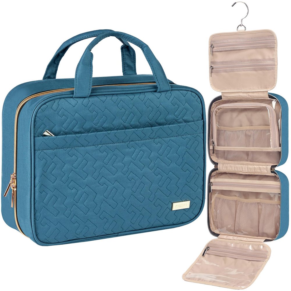 NISHEL Travel Toiletry Bag for women, Portable Hanging Organizer for Full-Sized Shampoo, Conditioner, Brushes Set, Makeup Accessories, Large Size, Lake-Blue