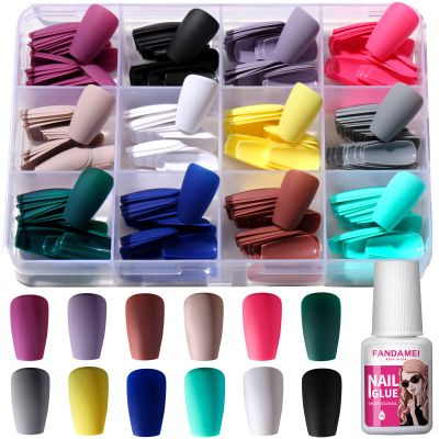 FANDAMEI Press on Nails Short Square, 12 Packs 288PCS Acrylic Matte Square Fake Nails Full Cover Medium Length, Glue on Nails with 10g Nail Tips Glue, 12 Solid Color False Nails for Nail Art DIY