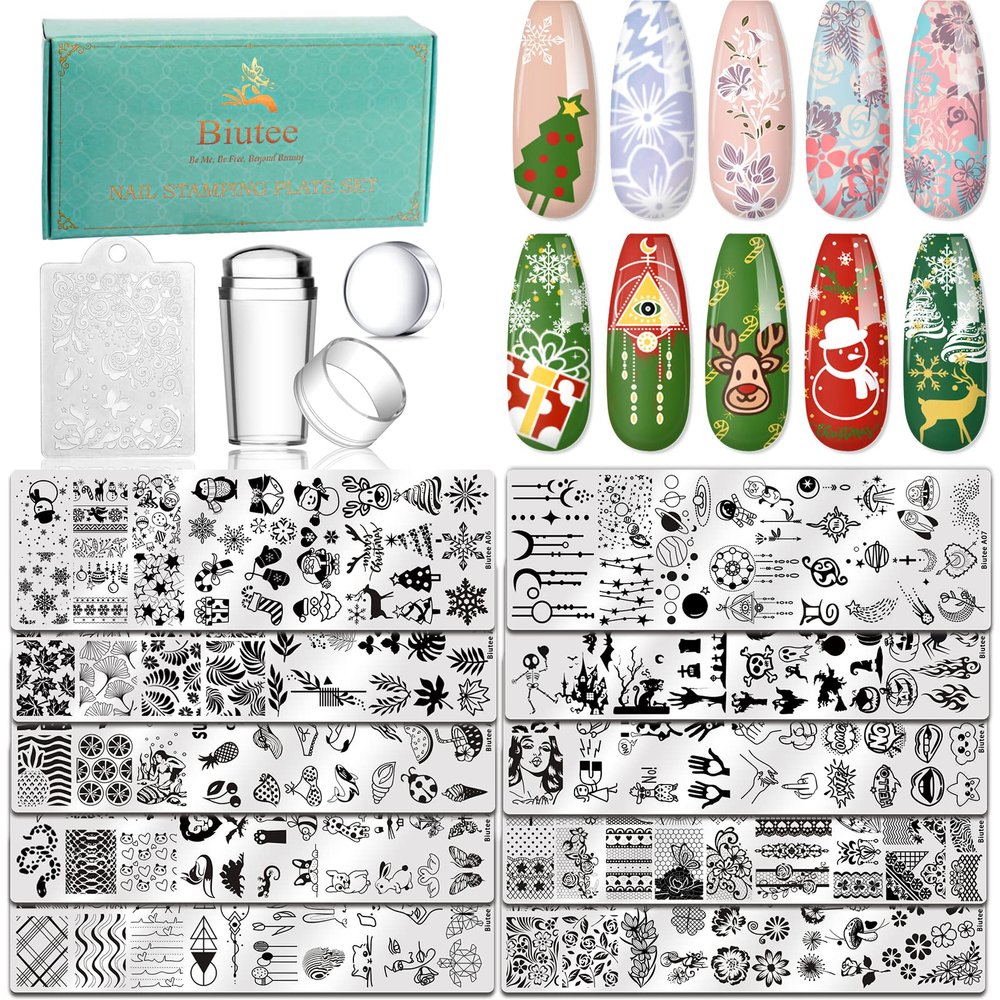 Biutee Nail Stamping Plates Set 10 pcs Nail Art Stamper Scraper Nail Stamp Plates Kit Nail Art Plate Template Lace Flower Butterfly Star Rose Design Nail Art Accessories