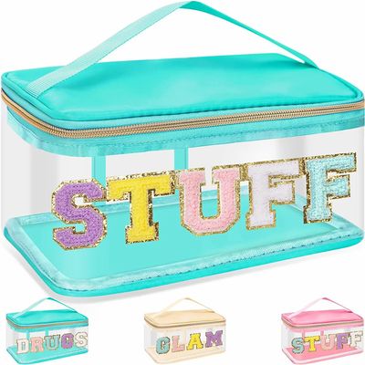 Chenille Letter Clear Makeup Bags Stuff Pouch, Preppy Patch Makeup Bag Zipper with Handle, Transparent PVC & Nylon Waterproof Glitter Cosmetic Handbag Travel Toiletry Storage for Women (STUFF-Green)