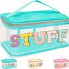 Chenille Letter Clear Makeup Bags Stuff Pouch, Preppy Patch Makeup Bag Zipper with Handle, Transparent PVC & Nylon Waterproof Glitter Cosmetic Handbag Travel Toiletry Storage for Women (STUFF-Green) view 1