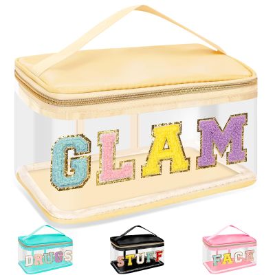 Chenille Letter Clear Makeup Bags Glam Pouch, Preppy Patch Makeup Bag Zipper with Handle, Transparent PVC & Nylon Waterproof Glitter Cosmetic Handbag Travel Toiletry Storage for Women Girl(GLAM-Beige)