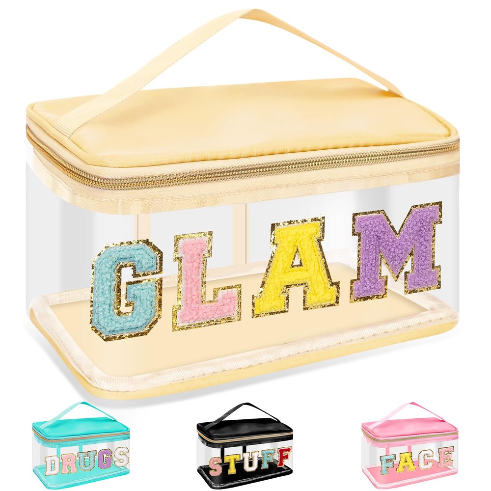 Chenille Letter Clear Makeup Bags Glam Pouch, Preppy Patch Makeup Bag Zipper with Handle, Transparent PVC & Nylon Waterproof Glitter Cosmetic Handbag Travel Toiletry Storage for Women Girl(GLAM-Beige)