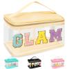 Chenille Letter Clear Makeup Bags Glam Pouch, Preppy Patch Makeup Bag Zipper with Handle, Transparent PVC & Nylon Waterproof Glitter Cosmetic Handbag Travel Toiletry Storage for Women Girl(GLAM-Beige) view 1