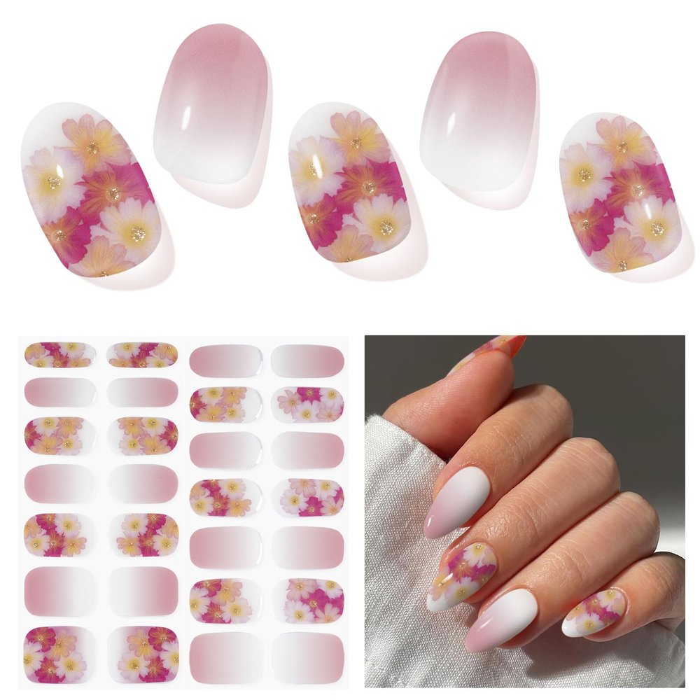 DUKASOU Semi Cured Gel Nail Strips, Spring Blossoms | 28 pcs Gel Nail Strips Work with Any UV Lamp, Salon Quality UV Nails Stickers, Easy to Apply for Home Nails DIY