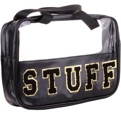 CRUOXIBB Chenille Letter Clear PVC And PU leather Large Travel Cosmetic Toiletry Storage Bag Waterproof Makeup Tote Bag Organizer Bag for Women(STUFF-Black)