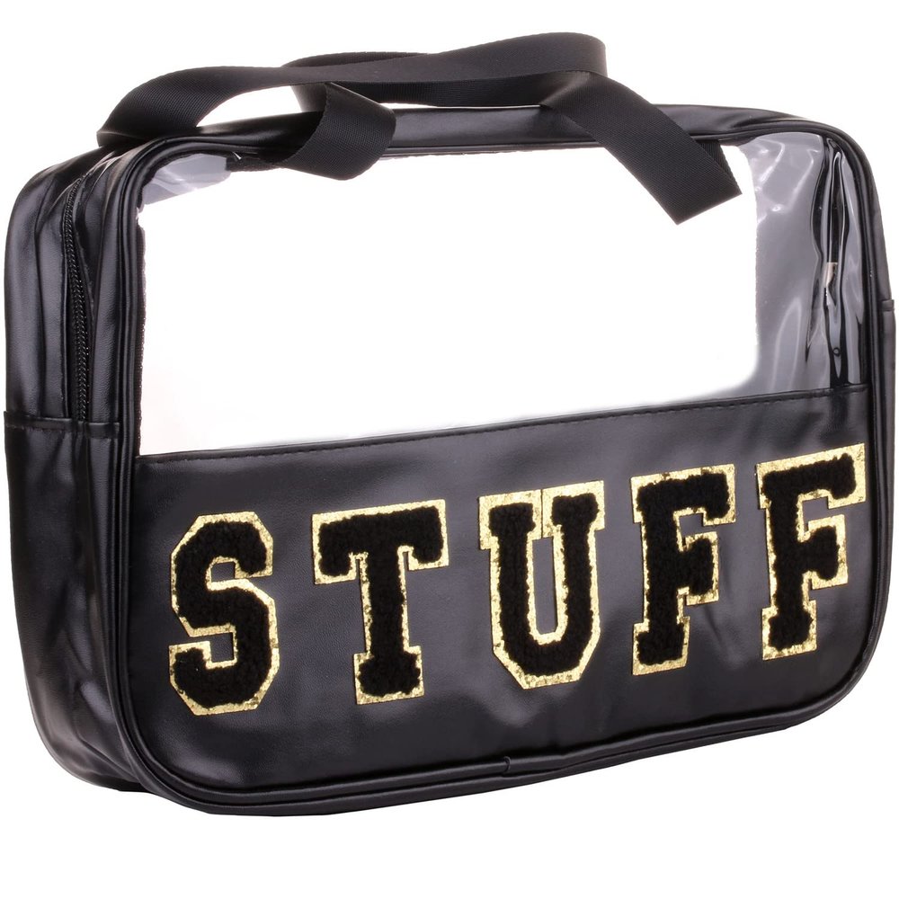 CRUOXIBB Chenille Letter Clear PVC And PU leather Large Travel Cosmetic Toiletry Storage Bag Waterproof Makeup Tote Bag Organizer Bag for Women(STUFF-Black)