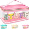 Chenille Letter Clear Makeup Bags Stuff Pouch, Preppy Patch Makeup Bag Zipper with Handle, Transparent PVC & Nylon Waterproof Glitter Cosmetic Handbag Travel Toiletry Storage for Women (STUFF-Pink) view 1