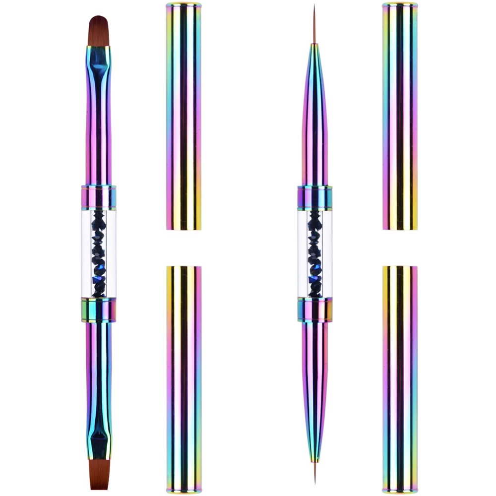 Ycyan 2Pcs Dual-ended UV Builder Gel Nail Brush Set Rhinestone Handle Nail Art Liner Brush Polygel Hard Gel Nail Brushes