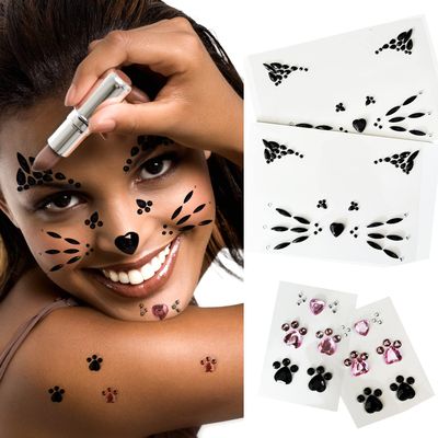 Crystal Cat Face Jewels, Pink Cats Print Gems, 2-Sheet Black Cat Eye Gems Sticker and 2-Sheet Fake Cats Lash Gems Tattoo Stick on Face for Women Kids Halloween Makeup
