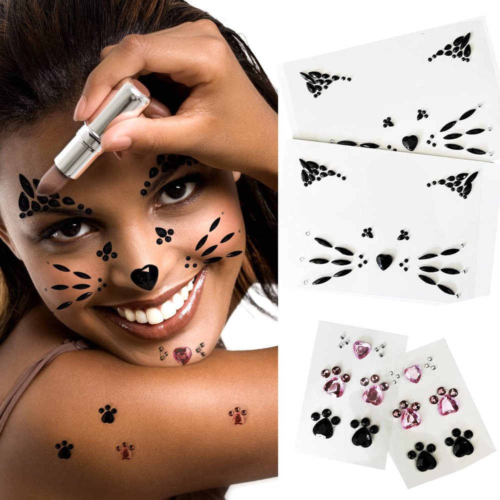 Crystal Cat Face Jewels, Pink Cats Print Gems, 2-Sheet Black Cat Eye Gems Sticker and 2-Sheet Fake Cats Lash Gems Tattoo Stick on Face for Women Kids Halloween Makeup