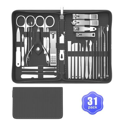 Cater Manicure Nail Clippers Kit - 31Pc Stainless Steel Nail Grooming Set with Luxurious Travel Case (Black)