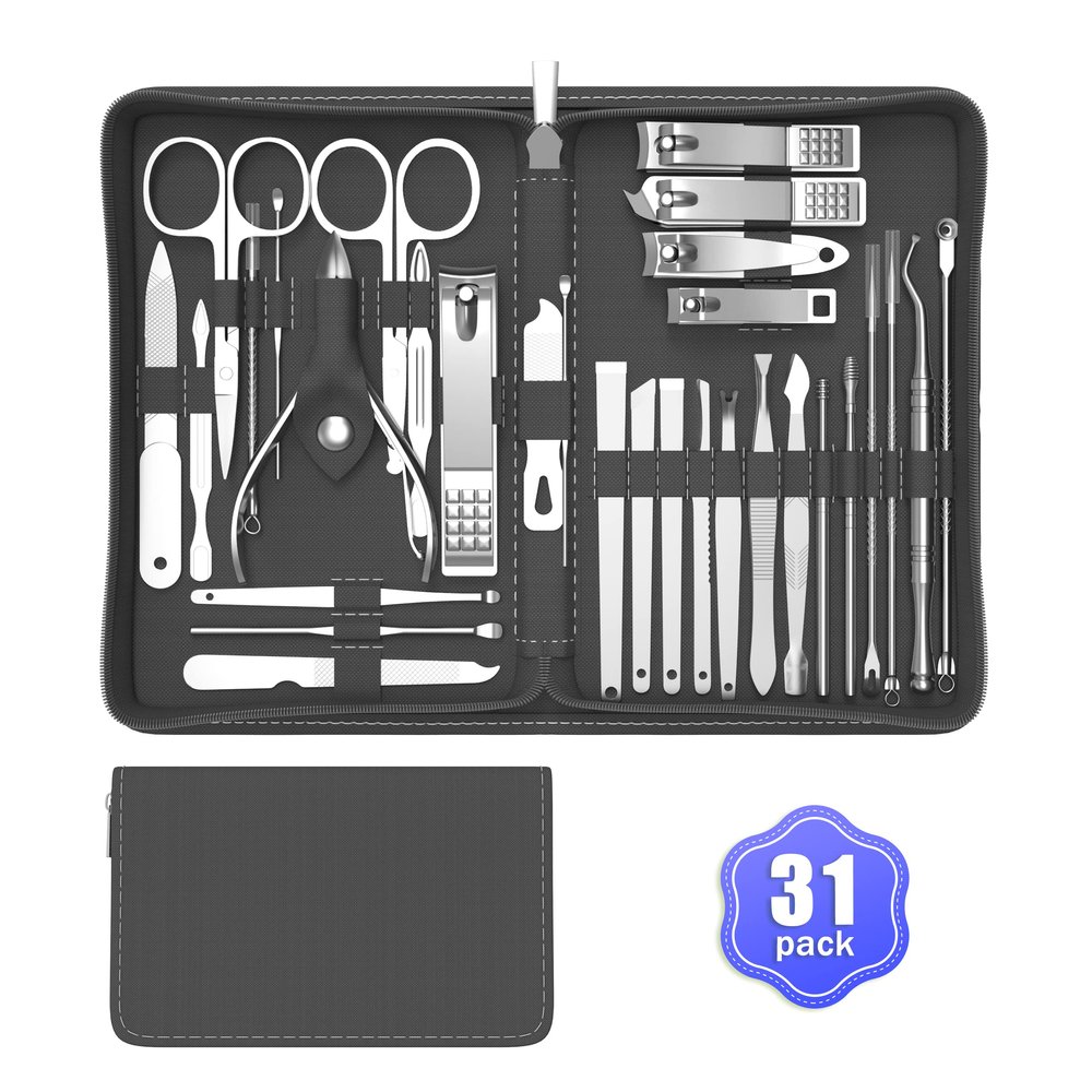 Cater Manicure Nail Clippers Kit - 31Pc Stainless Steel Nail Grooming Set with Luxurious Travel Case (Black)