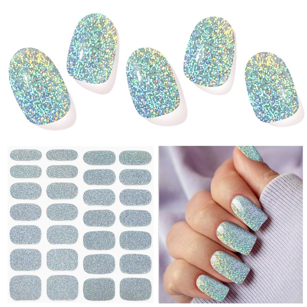 DUKASOU Semi Cured Gel Nail Strips, Silver Glitter | 28pcs Gel Nail Stickers Work with Any uv lamp, Nail Art Wraps for Women Girls, Includes Prep Pads, NailFile & Wood Stick