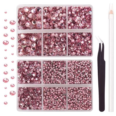 AUREHEN 10000PCs 2-6MM Pink Resin Flat Back Rhinestones with Silver Bottom, Round Non Hotfix Resin Rhinestones Nail Gems Stones with Tweezer & Picker Pen for Tumblers Nail Art & DIY Decoration