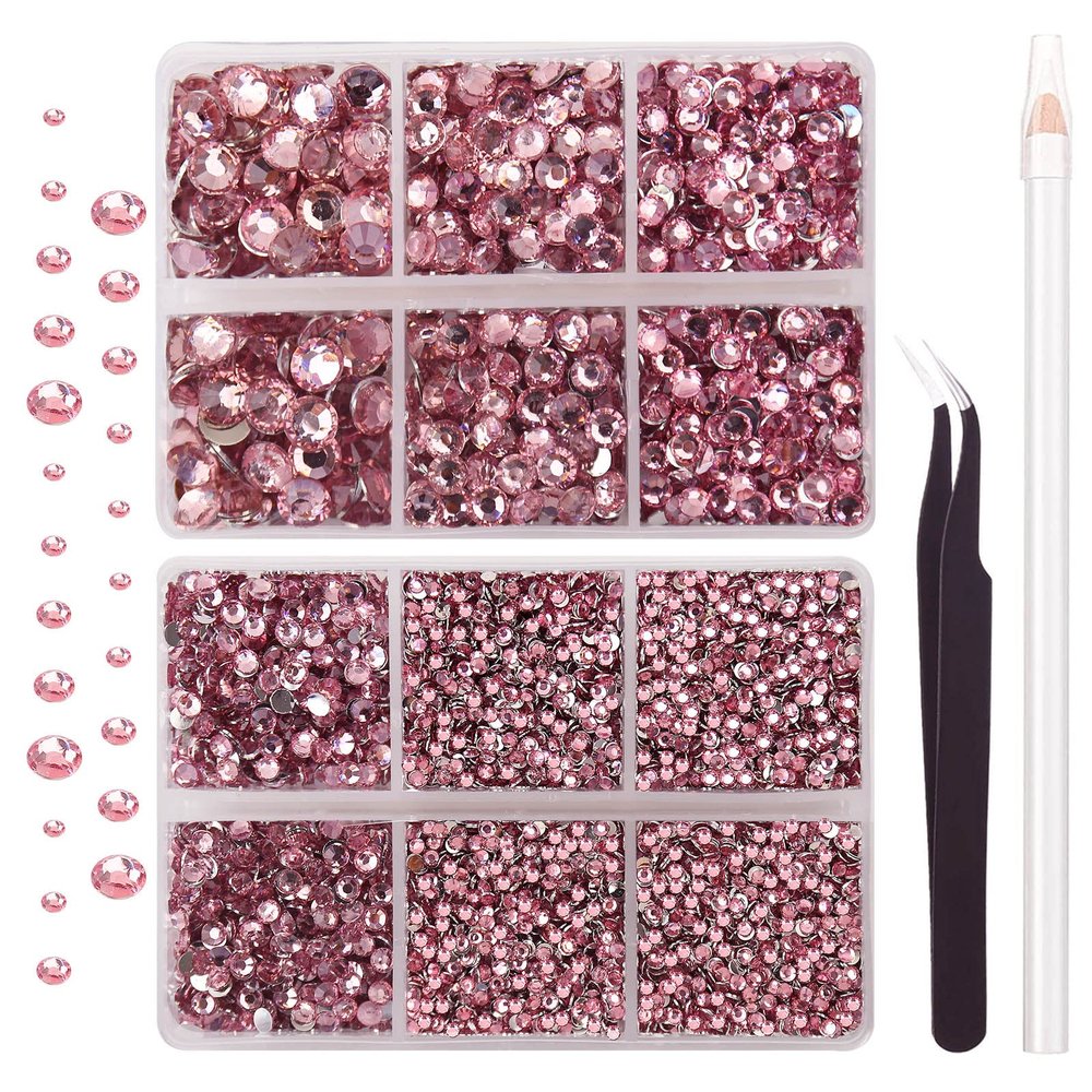 AUREHEN 10000PCs 2-6MM Pink Resin Flat Back Rhinestones with Silver Bottom, Round Non Hotfix Resin Rhinestones Nail Gems Stones with Tweezer & Picker Pen for Tumblers Nail Art & DIY Decoration