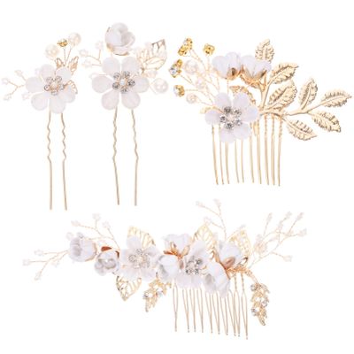 LALAFINA 4pcs Elegant Flower Hair Comb and Stick Handmade Bridal Headpiece for Weddings Leaf Design Hair Accessories for Brides and Bridesmaids