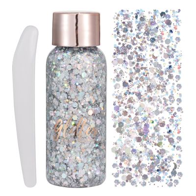 GL-Turelifes Mermaid Sequins Chunky Glitter Liquid Eyeshadow Glitter Body Gel Festival Glitter Cosmetic Face Hair Nails Makeup Long Lasting Sparkling 30g (#102 Silver)