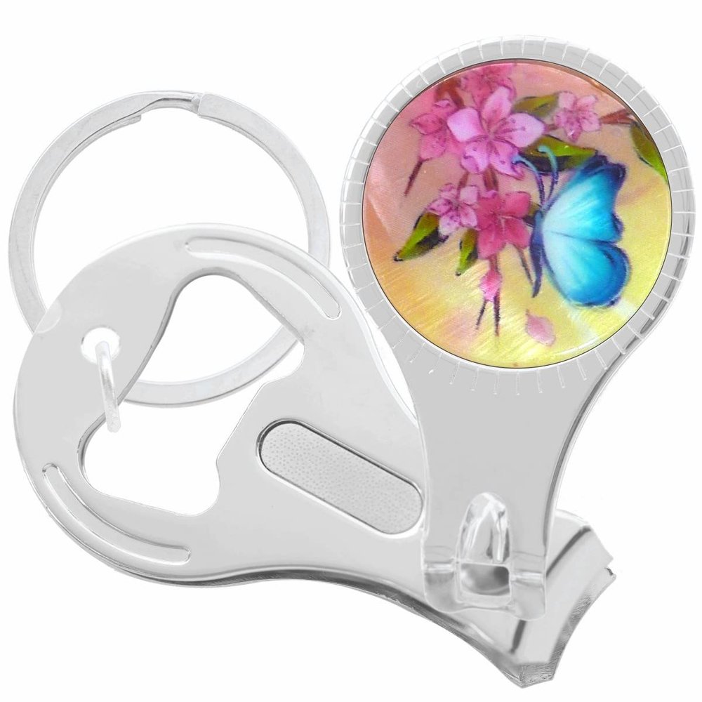 Blue Butterfly on Flower Nail Clippers Plus Bottle Opener Keychain
