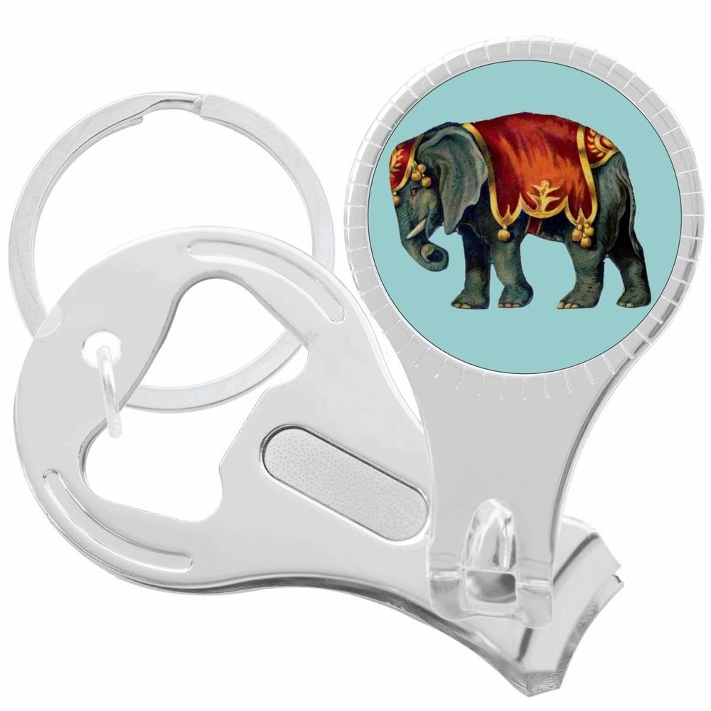 Vintage Elephant on Blue Nail Clippers Plus Bottle Opener Keychain