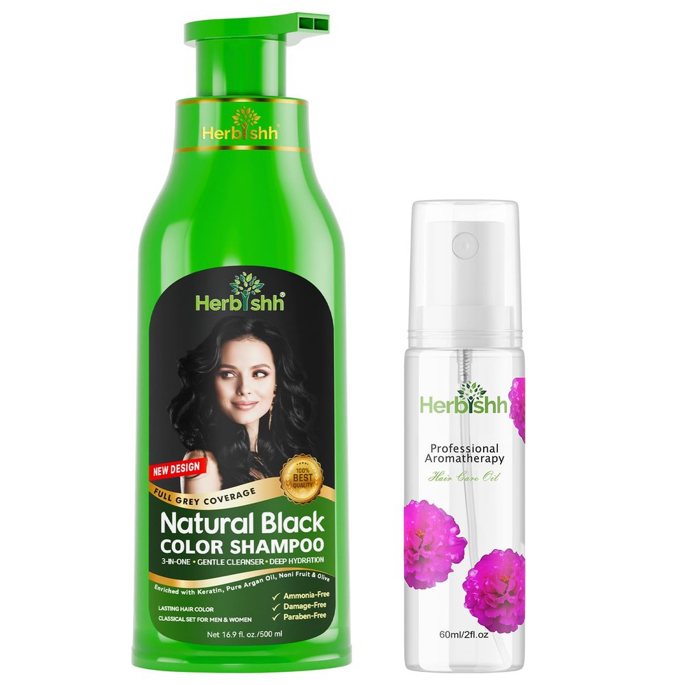 Herbishh Combo Hair Color Shampoo Black 500ml + Essential Care Flower Hair Oil 60ml