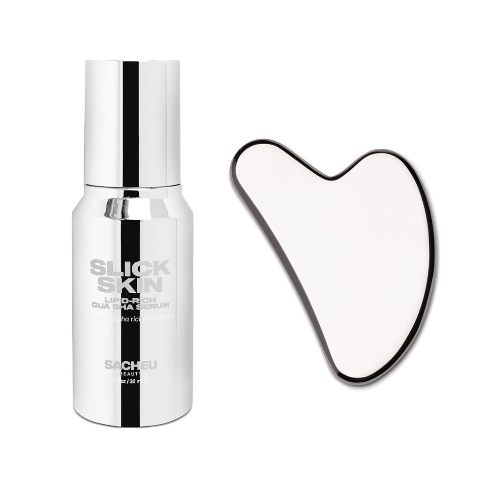 Sacheu Gua Sha Starter Kit with Slick Skin Oil Face Gua Sha for Enhanced Lymphatic Drainage, Reduced Puffiness and Relieved Facial Tension Metal Face Sculpting Tool With Travel Pouch