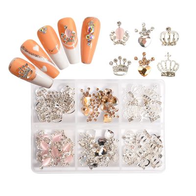 60 Pcs Crown Nail Charms Rhinestones 3D Shiny Mixed Crown Shape Metal Gems Jewels Stones Diamond Charms Design for Nails Art Accessories DIY Decoration with Storage Box