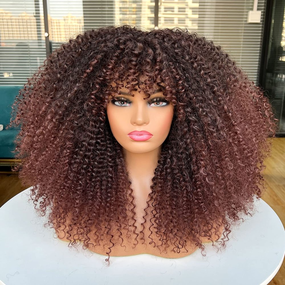 Sweece Long Curly Afro Wig With Bangs for Black Women Kinky Curly Hair Wig 17 inch (17 inch, Dark Brown)