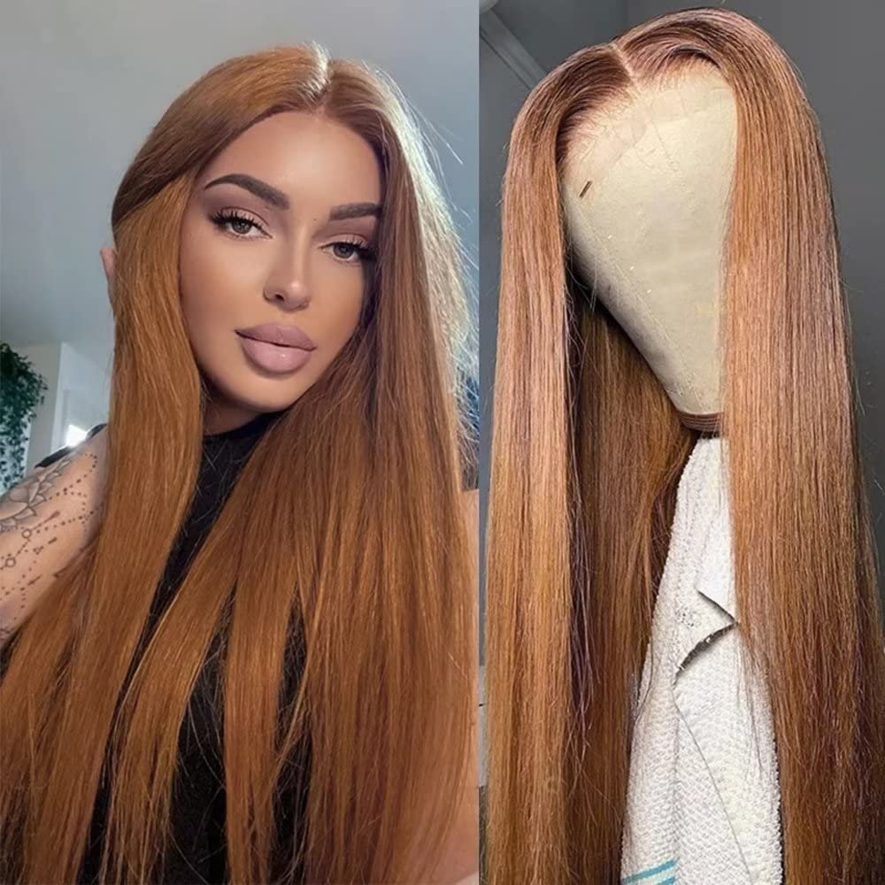 #30 Colored Lace Front Wig Human Hair Pre Plucked 13x6 HD Lace Frontal Human Hair Wigs with Baby Hair 150% Density Ginger Brown Straight Lace Front Wigs Human Hair Brazilian Hair Glueless Natural Hairline Wig 22Inch