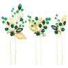 Crystal Wedding Hair Pins Emerald Green Rhinestone Gold Leaf Vine Bridal Hair Piece Accessories for Party Women Girls (Pack of 3) (Emerald Green) view 1
