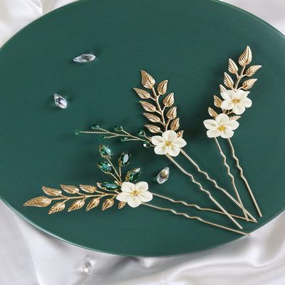 Brihasory 3PCS Green Wedding Hair Pins Vintage Leaves Rhinestone Bridal Hair Accessories for 90s Hairstyles Handmade Tiaras for Girls and Women Anniversary Bridesmaid Gifts