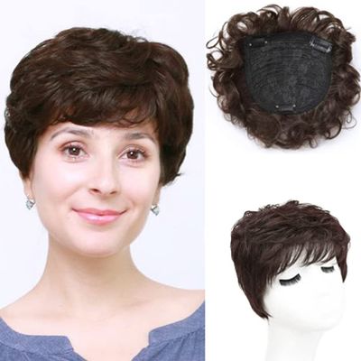AiUree Natural Curly Replacement Wiglet Hairpiece 13x13cm Short Clip in Wavy Hair Topper for Women with Thinning Hair Dark Brown Color