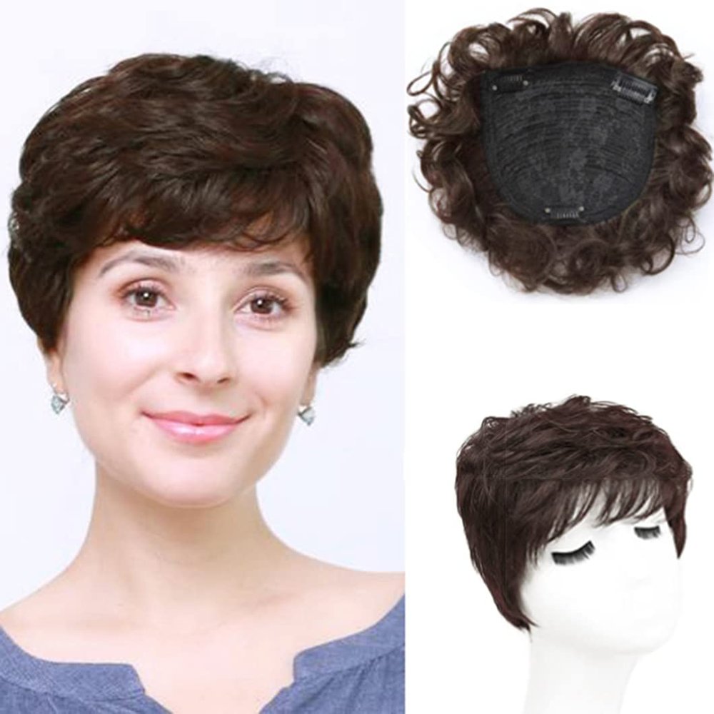 AiUree Natural Curly Replacement Wiglet Hairpiece 13x13cm Short Clip in Wavy Hair Topper for Women with Thinning Hair Dark Brown Color