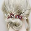 Brihasory Pink Bridal Hair Comb and 2PCS Wedding Hair Pins Pearls Hair Accessories for Brides Flower Headpiece Romantic Hair Ornaments Party Prom Tiaras for Girls and Women Bridesmaid Gifts(Wine Red) view 1