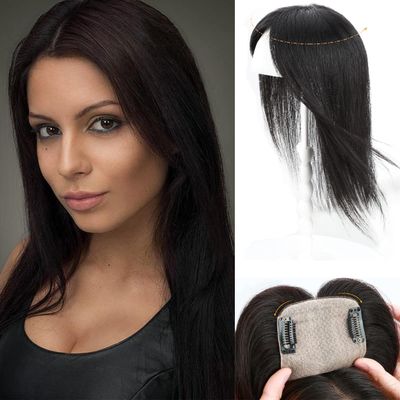 AiUree Remy Human Hair Topper 8x12cm Skin Silk Base Hair Topper Closure with 3 Clips 12" Realistic Clip in Hairpiece Straight Hair Topper for Women with Slight Thinning Hair Brown Color