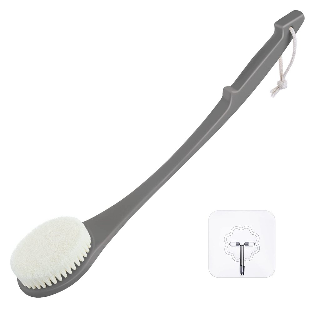 Body Back Scrubber 17'' Long Handle Shower Brush, Durable Exfoliator for Dry & Wet Use, Deep Cleansing & Gentle Exfoliation for Smooth Skin for Men, Women & Elderly (Gray)