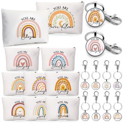 Sieral 20 Pcs Bulk Inspirational Gifts for Women Canvas Makeup Bags Cosmetic Bag Toiletry Pouch with Keychain Appreciation Return Gifts for Girls Employee Nurse Teacher Friend Birthday(Rainbow)